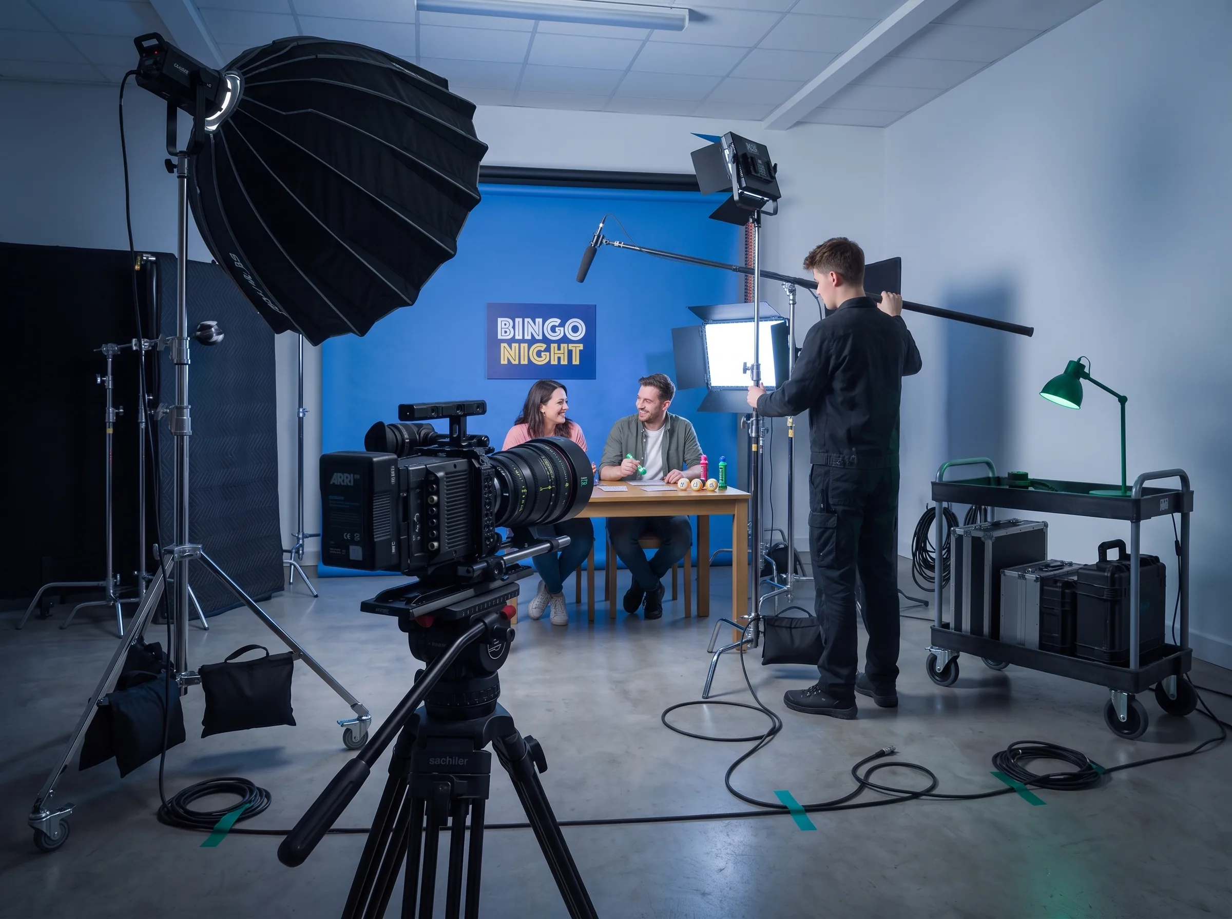 Professional cameras and lighting filming young adults playing bingo