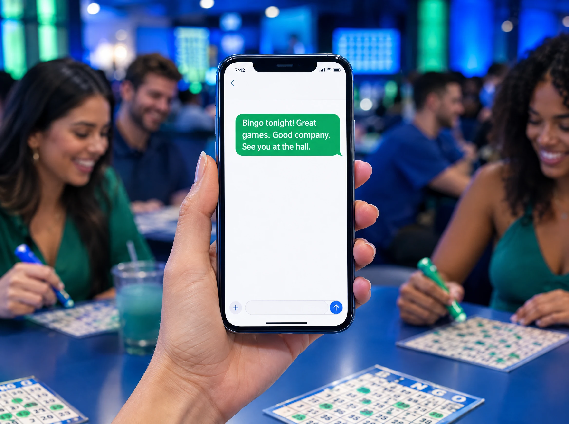 Mobile text message connecting a bingo hall with young adult players