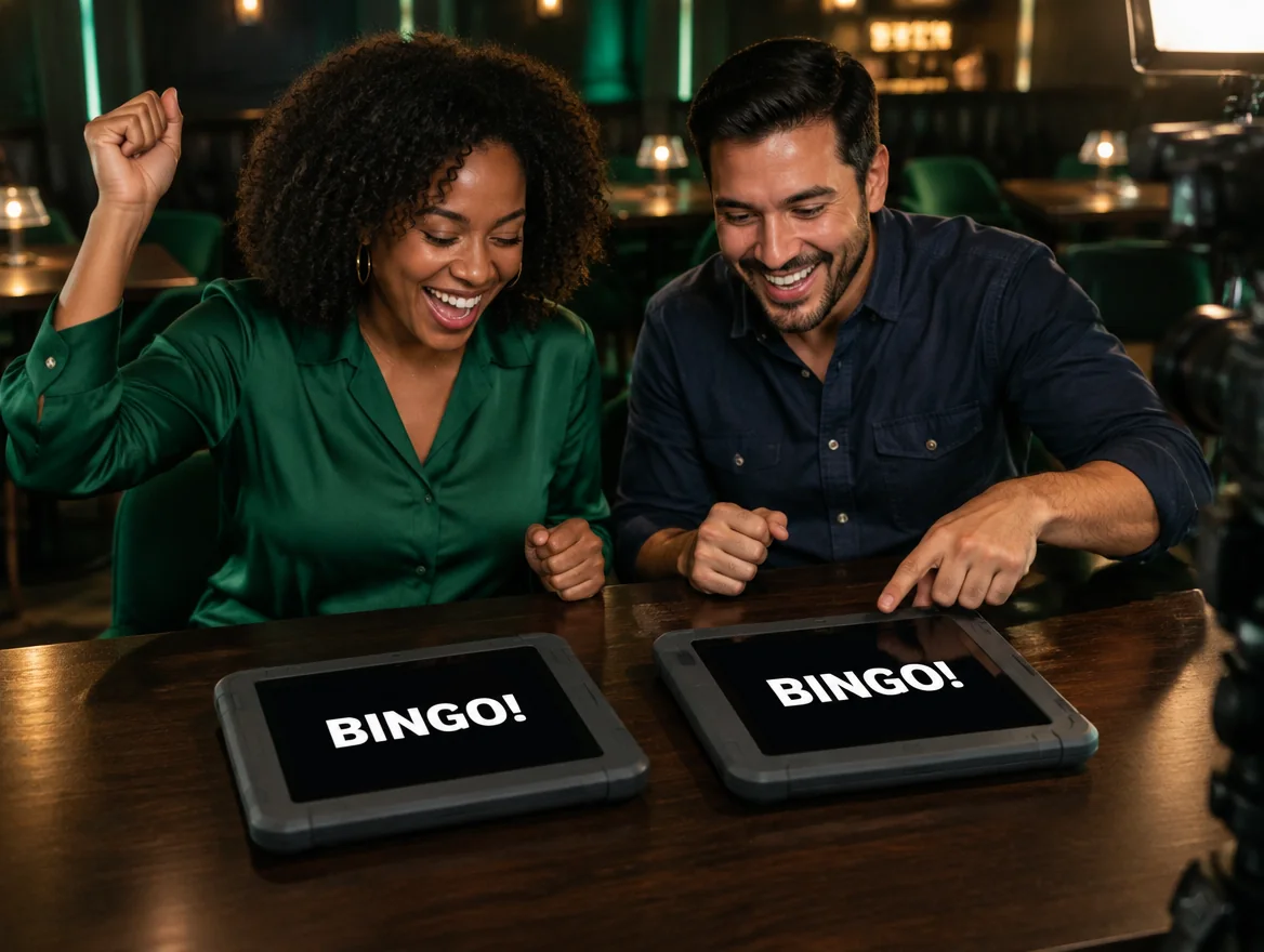 Two young adults celebrating beside unbranded bingo computers displaying BINGO