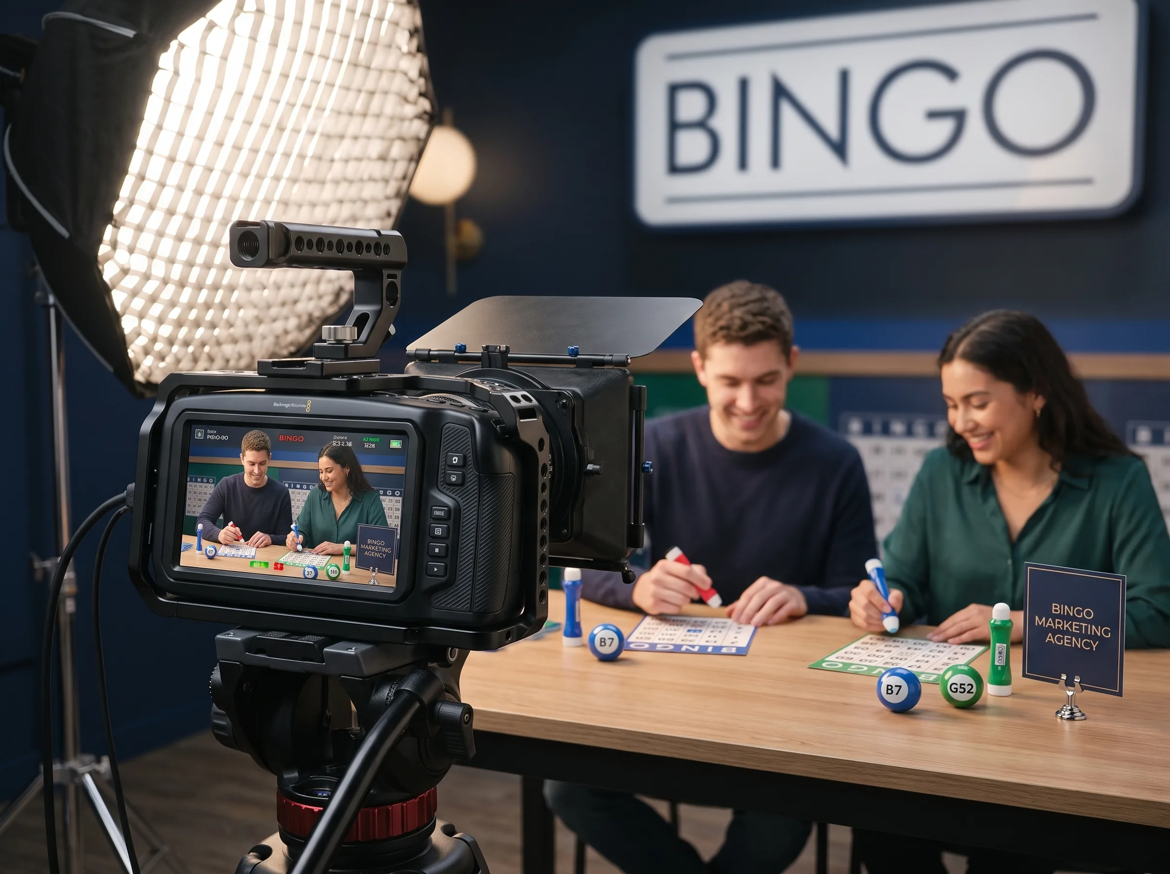 Cinema camera filming two young adults playing bingo at a promotional shoot